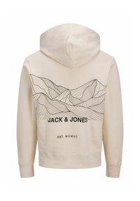 Sweat à capuche beige avec des graphiques de ligne de montagne noire et le nom de la marque "JACK & JONES" imprimé en dessous. Doté de poignets et d'un ourlet côtelés.