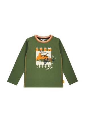 Green long-sleeve shirt with orange and white text "SNOW MOBILE" and graphic of person riding a snowmobile in snowy mountains.