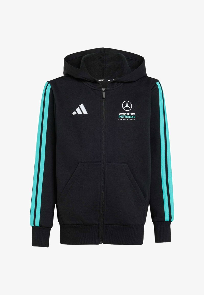 Czarna bluza z kapturem na zamek, z jasnoniebieskimi paskami po bokach, przednimi kieszeniami oraz logo Mercedes-AMG Petronas na piersi.