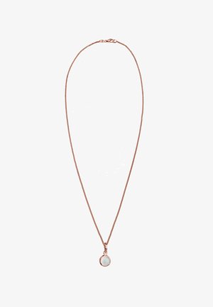 Naszyjnik z łańcuszkiem w kolorze różowego złota z delikatnym wzorem ogniw i okrągłym białym kamieniem jako zawieszką u podstawy, podkreślający jego prostą elegancję.