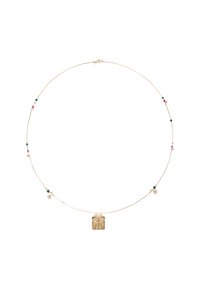 Collier en or avec un pendentif carré présentant un design d'œil coloré. Des accents en perles vertes, roses et dorées embellissent la délicate chaîne.