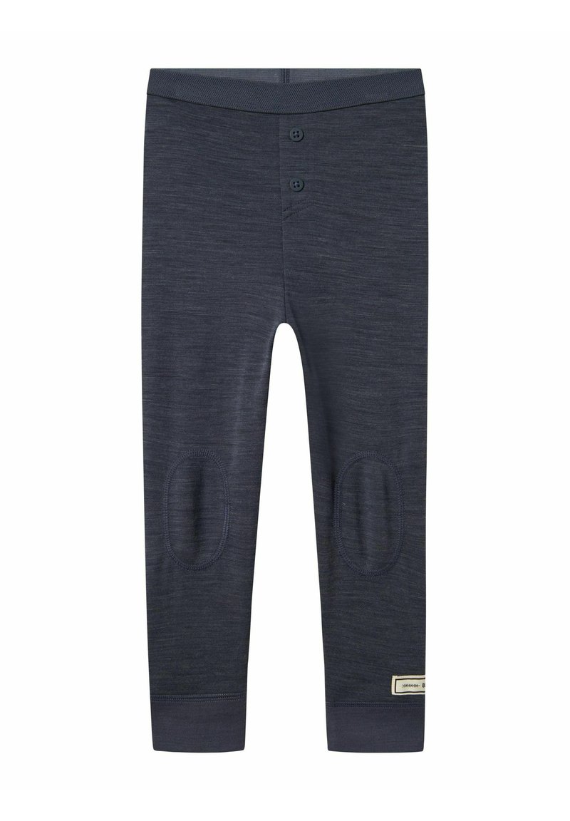 Leggings en coton bleu marine avec une texture lisse, dotés de deux boutons à la taille et de renforts aux genoux.