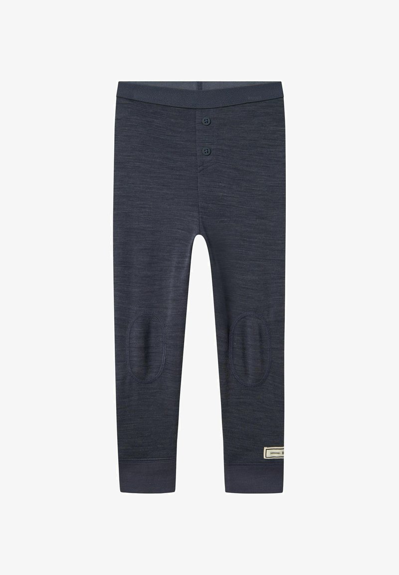 Navy cotton leggings with a smooth texture, featuring two buttons at the waistband and reinforced patches on the knees.