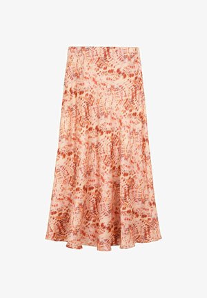 Falda midi fluida con patrón abstracto de teñido anudado en naranja y rosa sobre un fondo beige claro, dobladillo acampanado.