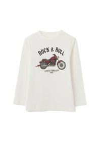 Langärmliges T-Shirt aus cremefarbenem Baumwollstoff mit einer schwarzen und roten Motorradgrafik, versehen mit dem Schriftzug "ROCK & ROLL" und darunter "LIVES FOREVER 1955".