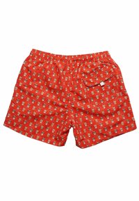 Pantaloncini da bagno rossi con un motivo giocoso a stampa di cani in stile fumetto su tutta la superficie. Vita elastica con una tasca sul retro. Tessuto leggero e morbido.