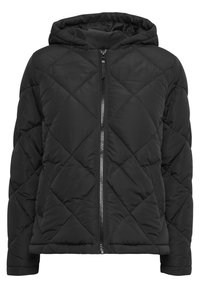 Svart huva puffer-jacka med diamantkviltning, hel dragkedja och elastiska ärmslut. Slät textur. Inga synliga logotyper eller dekorationer.