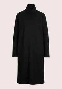 Langes schwarzes Rollkragenpulloverkleid mit langen Ärmeln und einem schlichten, geraden Schnitt.