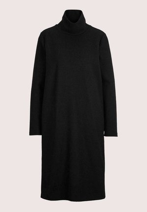 Lange zwarte coltrui jurk met lange mouwen en een eenvoudige, rechte snit.