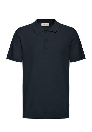 Tume sinine lühikeste varrukatega polosärk krae ja kahe nupuga plangiga, tekstureeritud kangas ja soonikkandiline alumine äär.