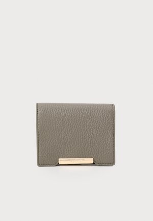 Gray textured leather wallet with a gold-tone clasp. Compact design with corners rounded. Features subtle branding on the front.