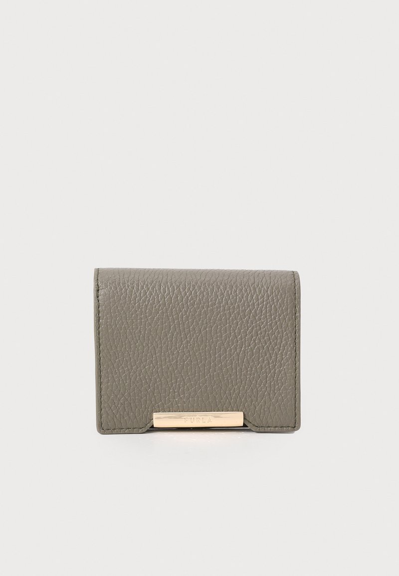 Gray textured leather wallet with a gold-tone clasp. Compact design with corners rounded. Features subtle branding on the front.