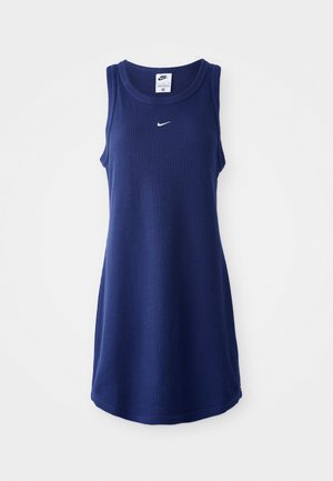 Navy blue ribbed tank dress with a round neckline and sleeveless design. Features the Nike logo in silver on the chest, textured fabric.