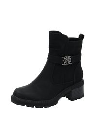 Bottines noires avec un dessus texturé, un accent décoratif en rose argenté sur le côté, et un talon épais avec une semelle rainurée.