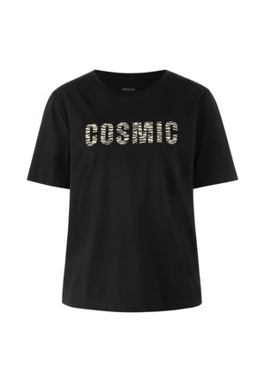 Black cotton t-shirt featuring "COSMIC" in a zebra-patterned design. Relaxed fit with short sleeves and a crew neckline.