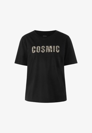 Black cotton t-shirt featuring "COSMIC" in a zebra-patterned design. Relaxed fit with short sleeves and a crew neckline.