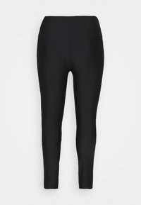 Svarte leggings laget av elastisk materiale, med høy midje og en glatt, tettsittende design som innsnevrer seg ved anklene.