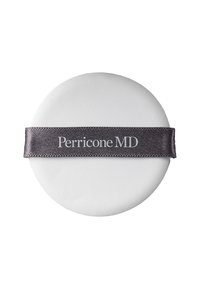 Weißer runder Behälter mit einer strukturierten Oberfläche und einem dunkelgrauen Band, das "Perricone MD" in weißer Schrift zeigt. Glatte Kanten und keine weiteren Details.