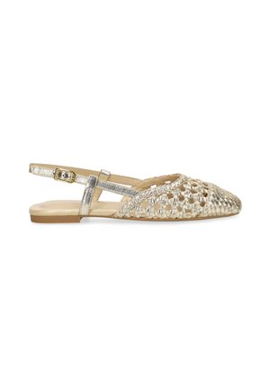 Flat metallic gold woven leather slingback sandal with pointed toe and adjustable ankle strap buckle.