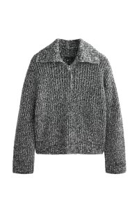 Šedý a čern�ý pletený svetr se zipem vpředu, širokým límcem a žebrovanými manžetami, s texturovanou tkaninou a volným střihem.