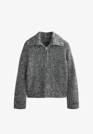 Szürke és fekete kötött pulóver cipzáros elemmel, széles gallérral és bordázott mandzsettával, texturált anyagból, laza szabással.