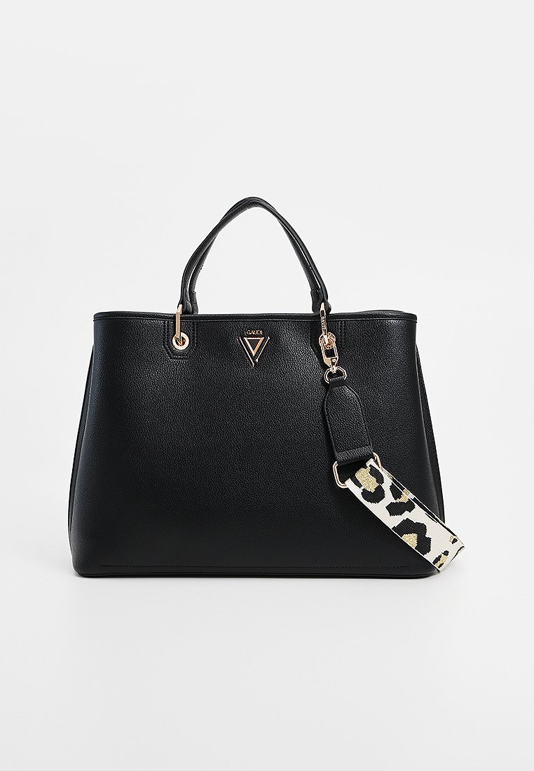 Borsa nera realizzata in materiale sintetico testurizzato, con due manici, accessori in oro e una tracolla removibile con motivo leopardato.