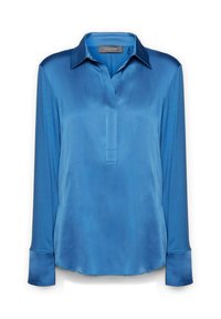 Blusa blu a maniche lunghe in morbido tessuto satinato, con colletto e una parte anteriore con bottoni, dal fit rilassato e orlo arrotondato.