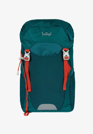 Teal fabric backpack with a textured design, orange straps and hardware, large front pocket, and a gray accent at the base.