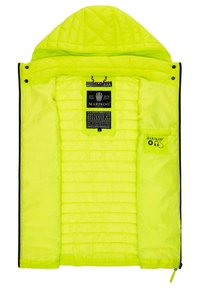Neon gul pufferjacka med huva, quiltad textur och svart dragkedja. Har en varumärkesetikett och en intern ficka med headsetåtkomst.