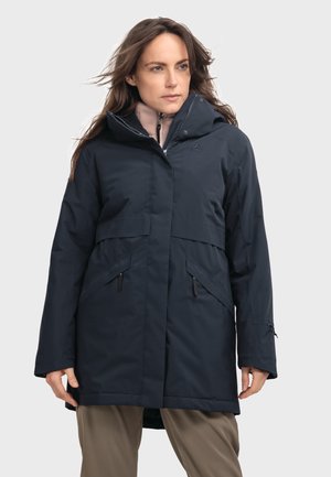 Wasserabweisende marineblaue Jacke mit Kapuze, Reißverschluss-Taschen und legerer Passform. Verfügt über ein weiches Innenfutter und verstellbare Ärmelbündchen.