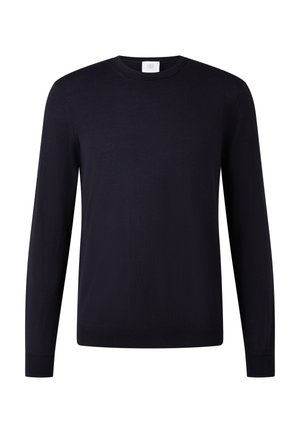 Navy blue long-sleeve sweater, lightweight knit fabric, crew neck, ribbed cuffs and hem, minimalistic design with tag at neckline.
