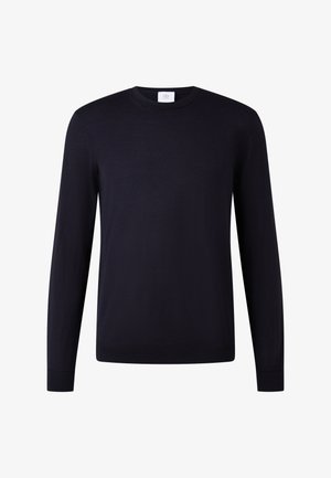 Navy blue long-sleeve sweater, lightweight knit fabric, crew neck, ribbed cuffs and hem, minimalistic design with tag at neckline.