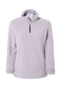 Light purple fleece pullover with a high collar, half zipper, and long sleeves. Soft texture with gathered cuffs and a flat hem.