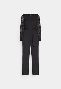 Svart jumpsuit med långa spetsärmar, en figursydd midja med knytbälte och rak bendesign. Slätt tyg med matt yta.