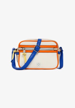 Borsa a tracolla crema con accenti blu e arancioni. Caratterizzata da una chiusura con zip, dettagli perforati e una tracolla regolabile.