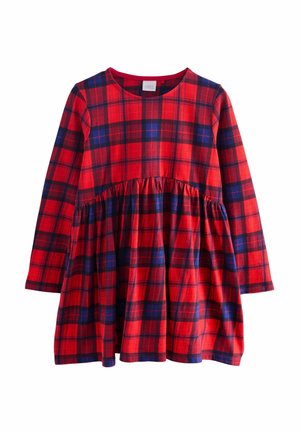 Rochie cu mânecă lungă, în carouri roșii și bleumarin, cu decolteu rotund, talie strânsă și fustă evazată. Fabricată dintr-un material moale cu un model în carouri.