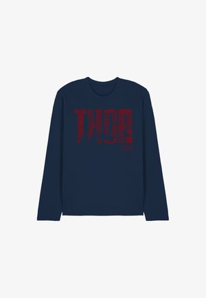 Navy long-sleeve t-shirt made of soft cotton, featuring a bold red "THOR" graphic with intricate designs and "MARVEL" tagline.