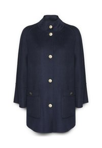 Cappotto in misto lana blu nave con colletto alto, sei bottoni decorativi in argento e due tasche frontali con pattina. Texture liscia e vestibilità comoda.