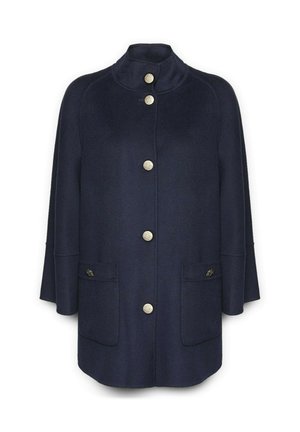 Cappotto in misto lana blu nave con colletto alto, sei bottoni decorativi in argento e due tasche frontali con pattina. Texture liscia e vestibilità comoda.