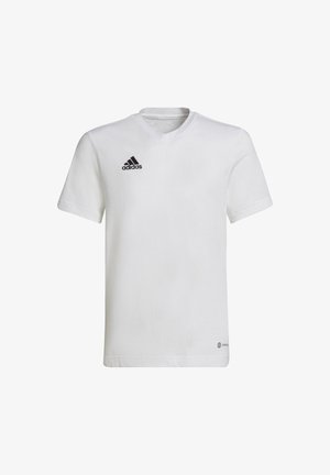 Weißes Kurzarm-T-Shirt mit V-Ausschnitt, aus Baumwolle. Verfügt über ein schwarzes Adidas-Logo auf der Brust und ein kleines Branding-Detail nahe dem Saum.