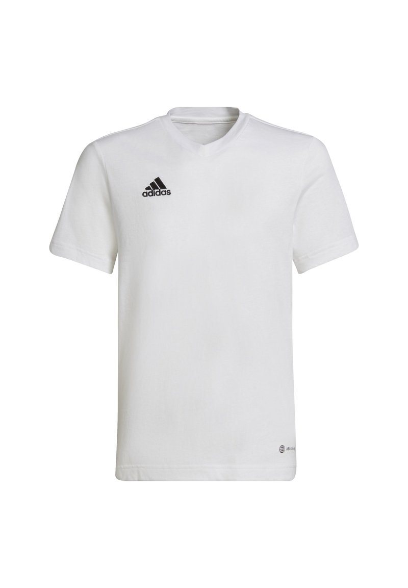 Weißes Kurzarm-T-Shirt mit V-Ausschnitt, aus Baumwolle. Verfügt über ein schwarzes Adidas-Logo auf der Brust und ein kleines Branding-Detail nahe dem Saum.