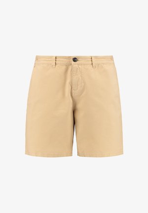 Bežinės medvilninės šortai su sagos uždarymu, priekinėmis kišenėmis ir diržo kilpomis. Paprastas dizainas su tiesiu pjūviu ir švelniu tekstūru.