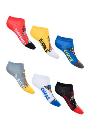 Six colorful ankle socks featuring cartoon dogs and names "Marshall," "Rubble," and "Chase" in various colors and designs.