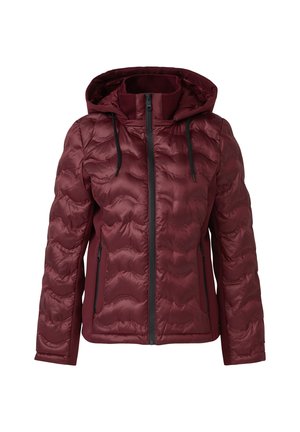 Veste isolante bourgogne avec un design matelassé, capuche ajustable, fermeture éclair à l'avant et deux poches latérales. Texture lisse.