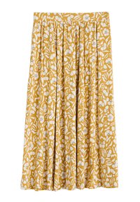 Gul midikjol med vit blommönster, med veck och elastisk midja. Tillverkad av mjukt, lätt tyg, perfekt för varmt väder.