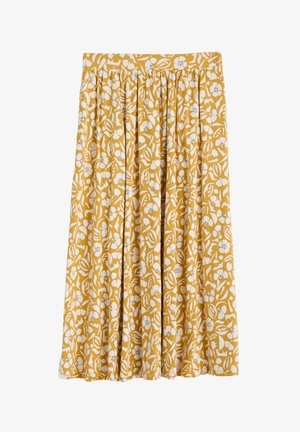 Geel midi-jurk met witte bloemenprint, met plooien en een elastische tailleband. Gemaakt van zachte, lichte stof, ideaal voor warm weer.