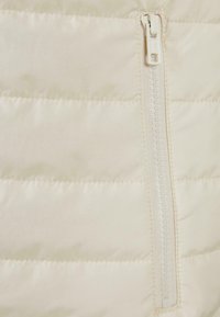 Beige Daunenjacke mit horizontaler Steppnaht und einem weißen Reißverschluss. Glatte, matte Stoffoberfläche mit dezentem Glanz.