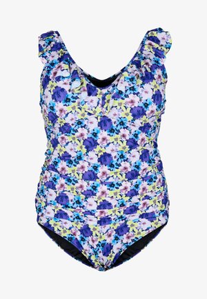 Ziedu raksts viengabala peldkostīms ar purpursarkanām, zilām un dzeltenām krāsām, ar viļņainiem plecu siksniņām un krokotiem sānu elementiem. Melna iekšējā oderējums.