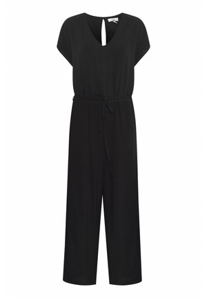 Črn kombinezon s kratkimi rokavi, vezanjem v pasu in odprtino v obliki ključa na hrbtni strani. Široke hlače in gladka tekstura tkanine.