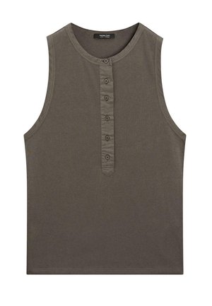 Ärmelloses, olivgrünes Tanktop aus Baumwolle. Es hat einen runden Ausschnitt und eine Knopfleiste mit fünf Knöpfen auf der Vorderseite.